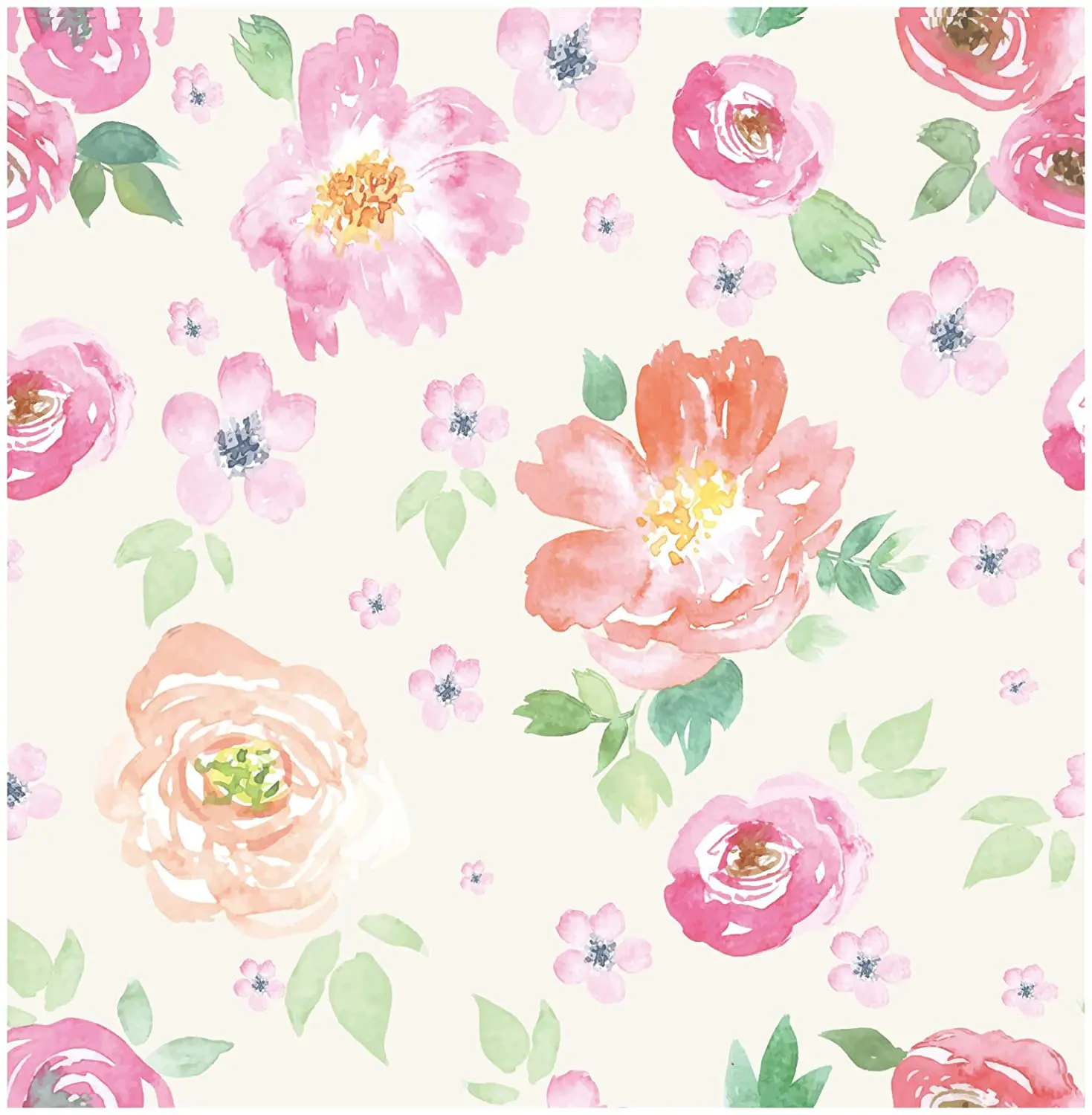 HaoHome Peel and Stick Wallpaper Handpainting Seamless Watercolor Peony Flower Green Leaves Self-Adhesive Prepasted Wallpaper