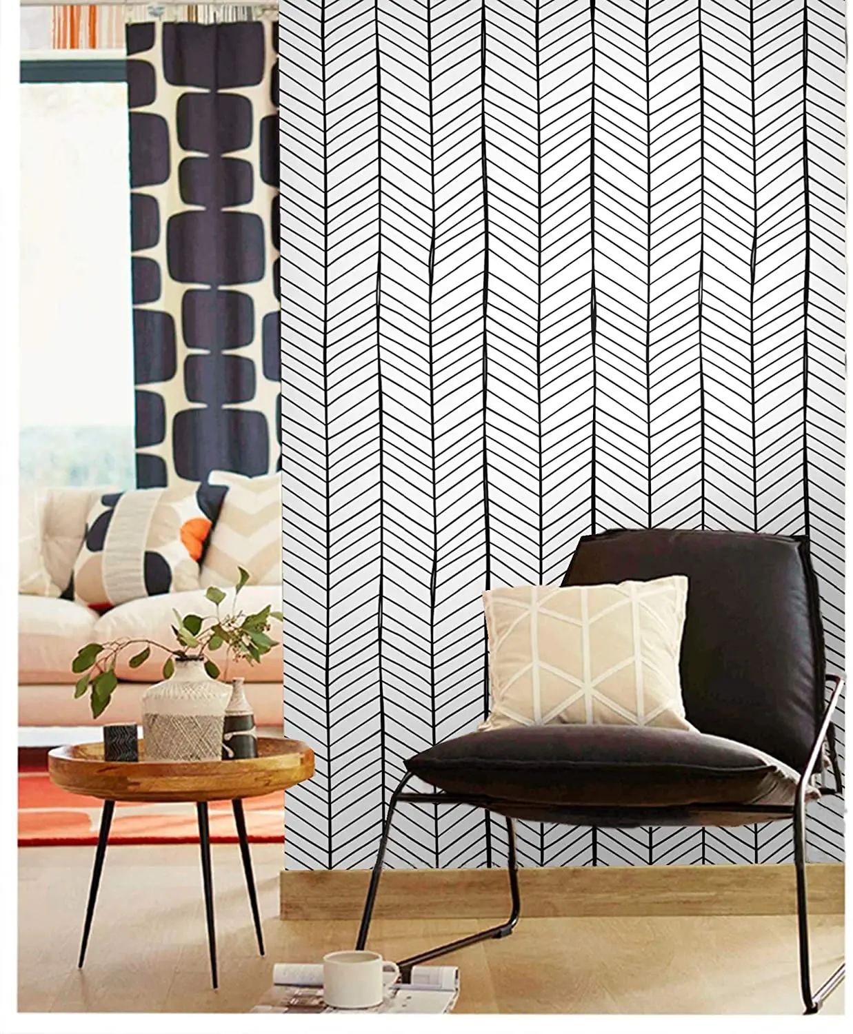 HaoHome Black White Herringbone Geometry Arrow Self-Adhesive Wallpaper Prepasted Super Thick Peel and Stick Wallpaper Roll