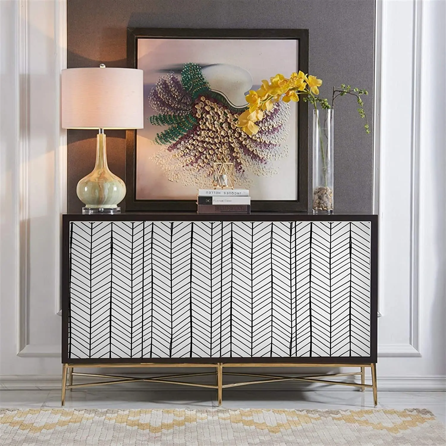 HaoHome Black White Herringbone Geometry Arrow Self-Adhesive Wallpaper Prepasted Super Thick Peel and Stick Wallpaper Roll