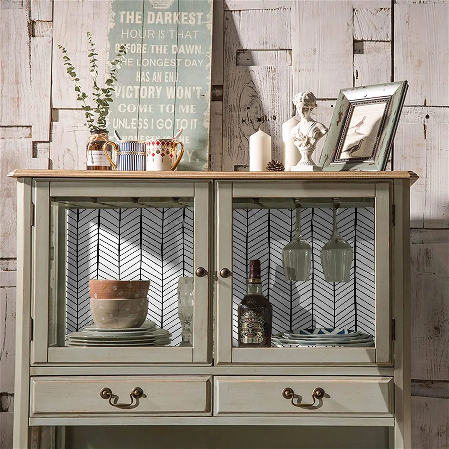 HaoHome Black White Herringbone Geometry Arrow Self-Adhesive Wallpaper Prepasted Super Thick Peel and Stick Wallpaper Roll