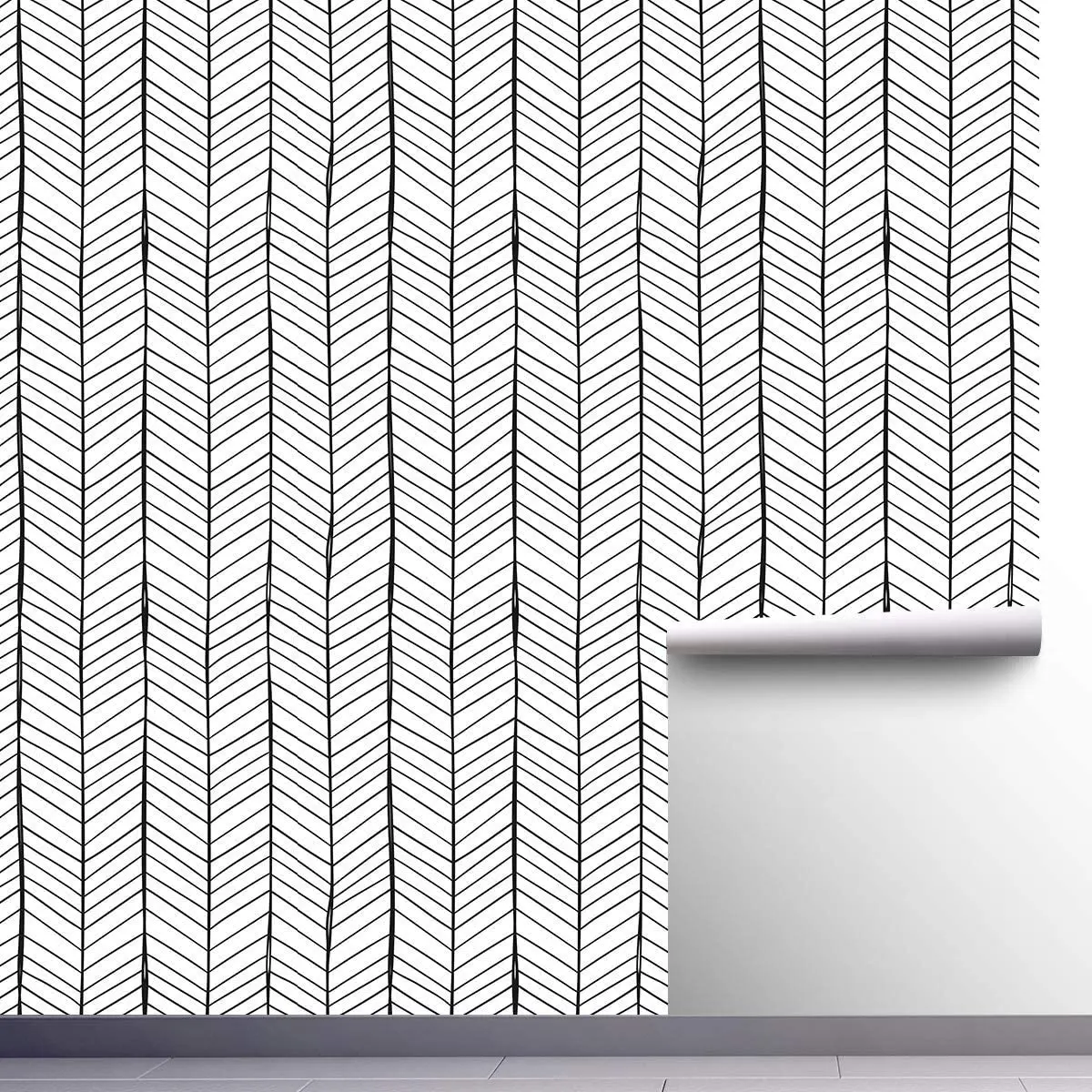 HaoHome Black White Herringbone Geometry Arrow Self-Adhesive Wallpaper Prepasted Super Thick Peel and Stick Wallpaper Roll