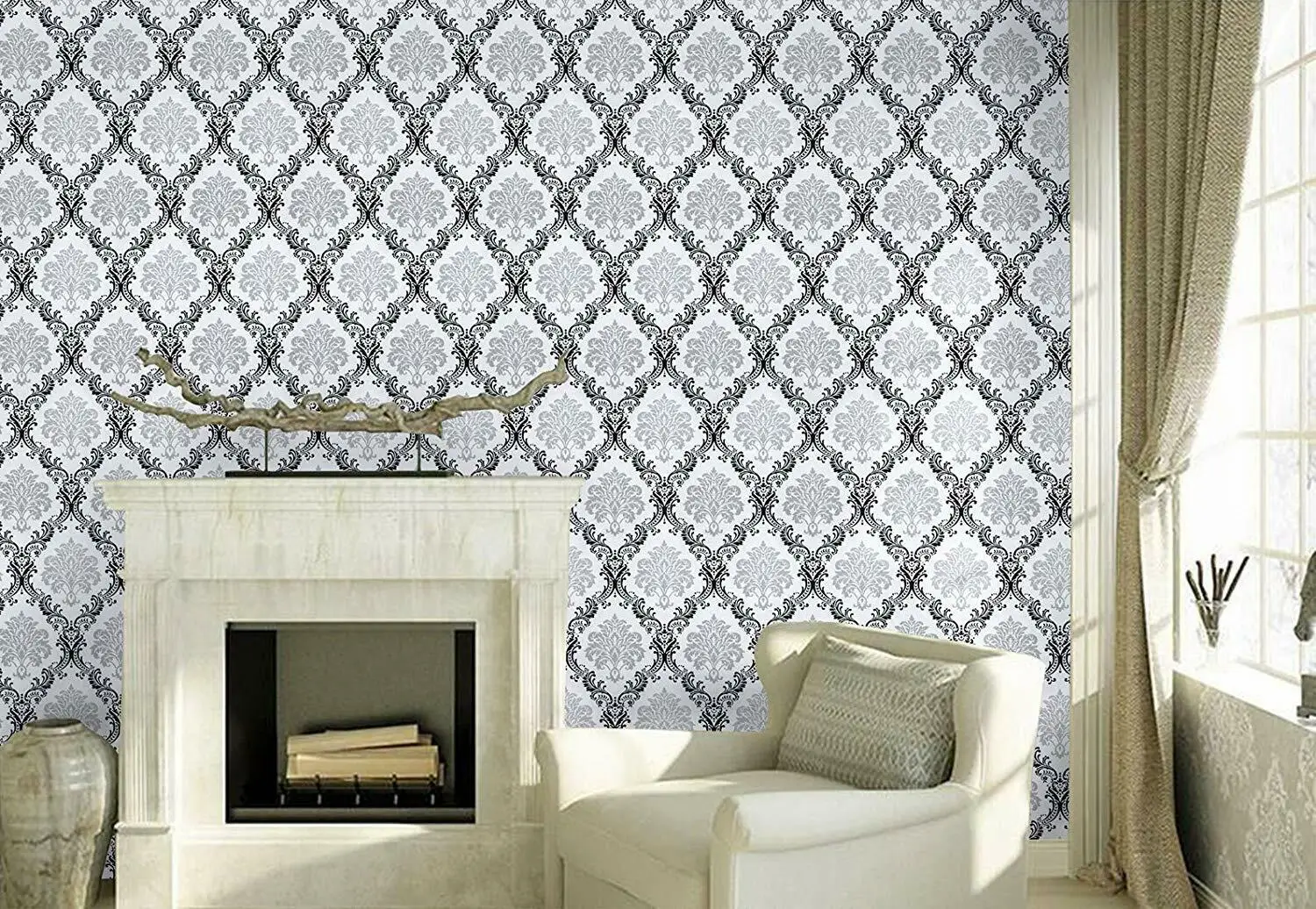 HaoHome White Black Peel and Stick Wallpaper Removable Contact Paper Self Adhesive Vinyl Damask Wall Coverings