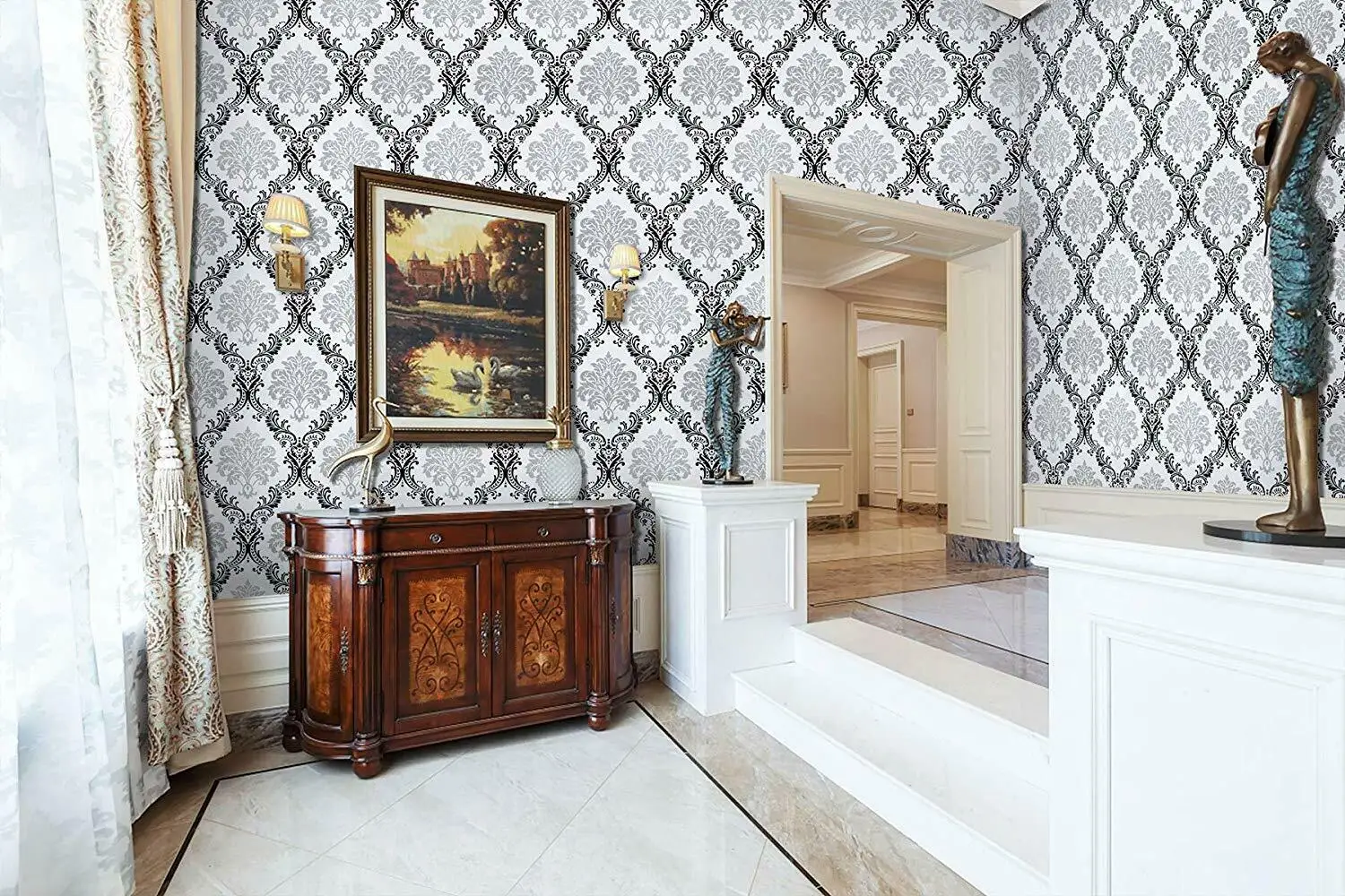 HaoHome White Black Peel and Stick Wallpaper Removable Contact Paper Self Adhesive Vinyl Damask Wall Coverings