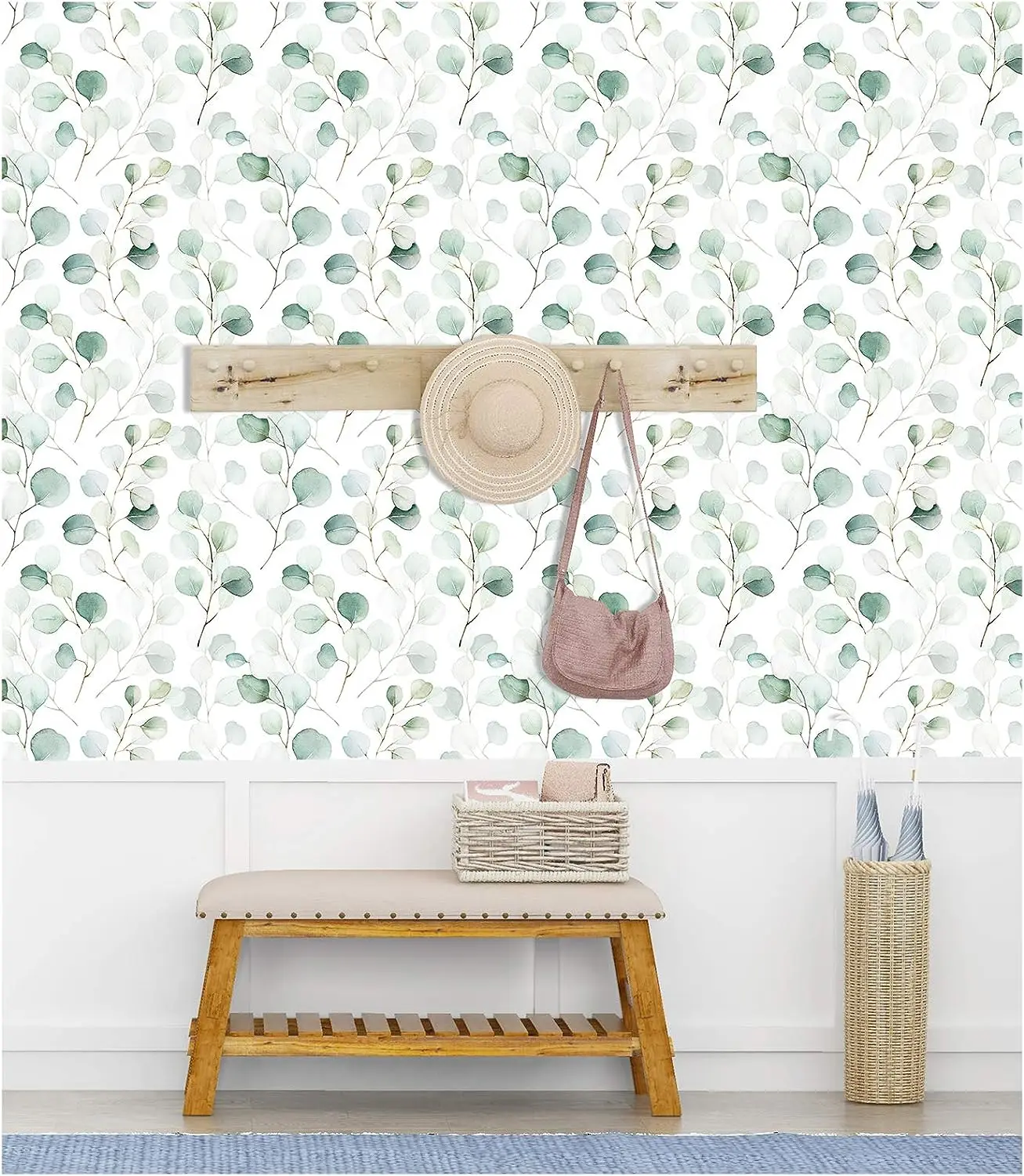 Green Leaf Peel and Stick Wallpaper Green/White Eucalyptus Leaf Self Adhesive Contact Paper Wall Mural Home Nursery Decor