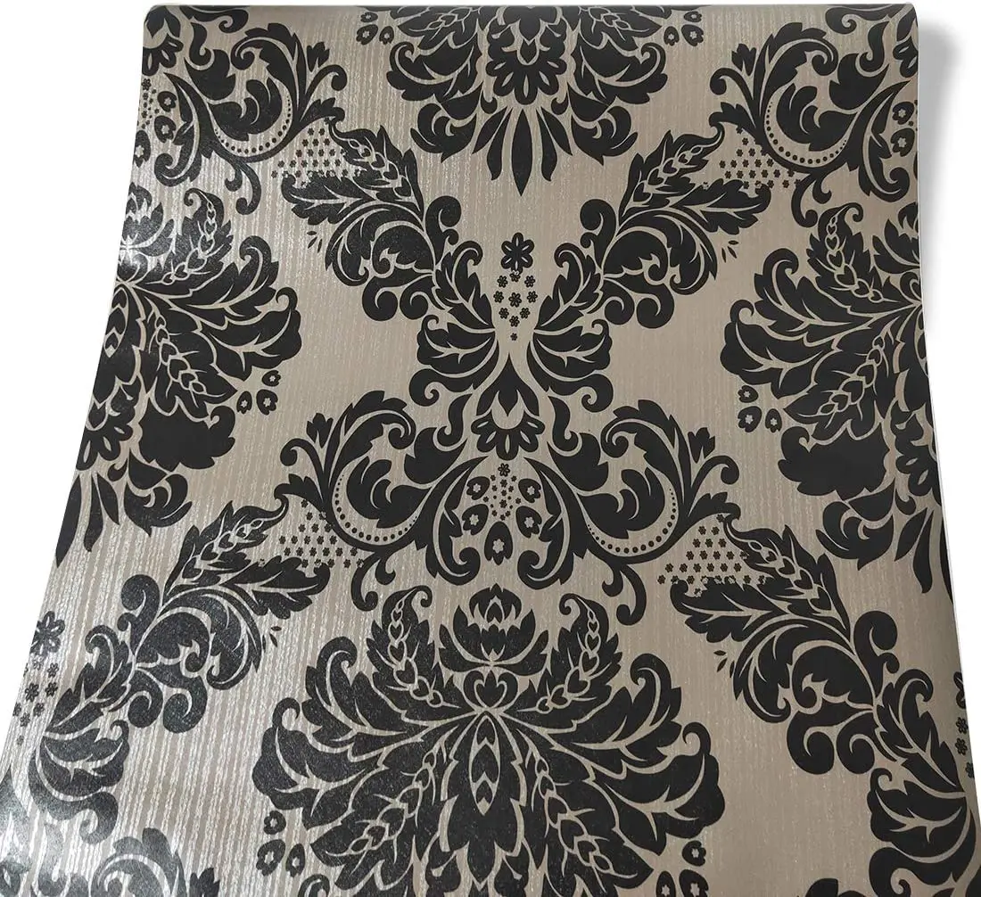 Vinyl Damask Wallpaper Peel and Stick Wallpaper Black Floral Self Adhesive Wallpaper for Bedroom Livingroom Home Wall Decoration