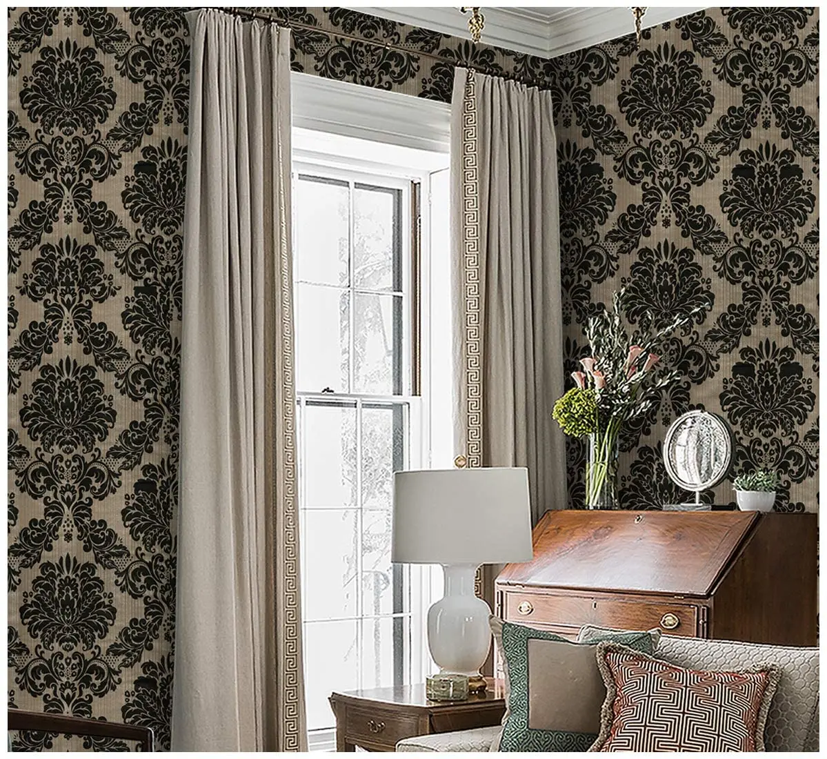 Vinyl Damask Wallpaper Peel and Stick Wallpaper Black Floral Self Adhesive Wallpaper for Bedroom Livingroom Home Wall Decoration