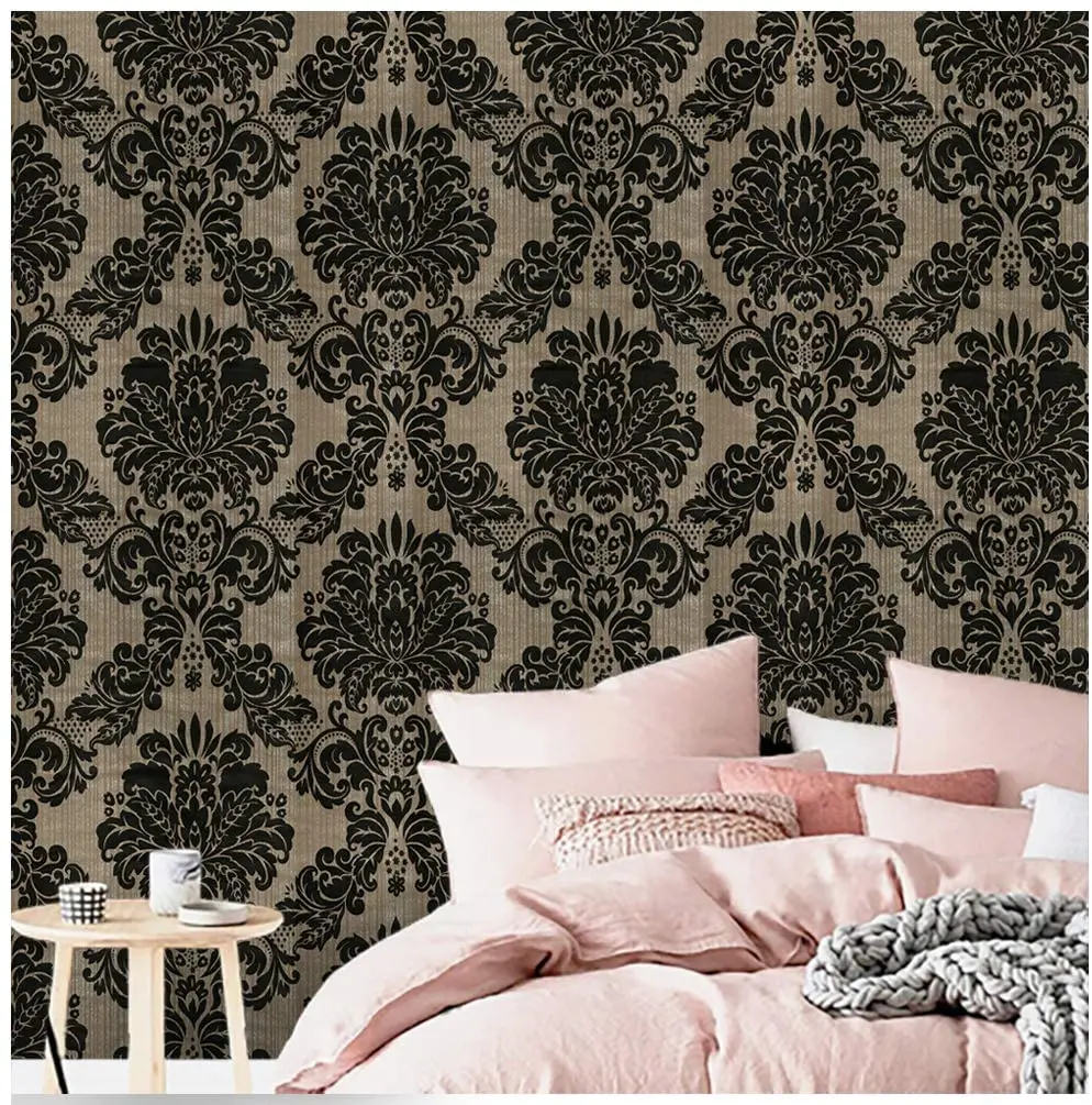 Vinyl Damask Wallpaper Peel and Stick Wallpaper Black Floral Self Adhesive Wallpaper for Bedroom Livingroom Home Wall Decoration