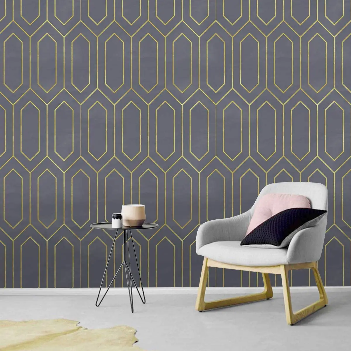 HaoHome Gold Gray Rhombus Peel and Stick Wallpaper Geometry Self-Adhesive Prepasted Wallpaper Wall Mural Wall Decor