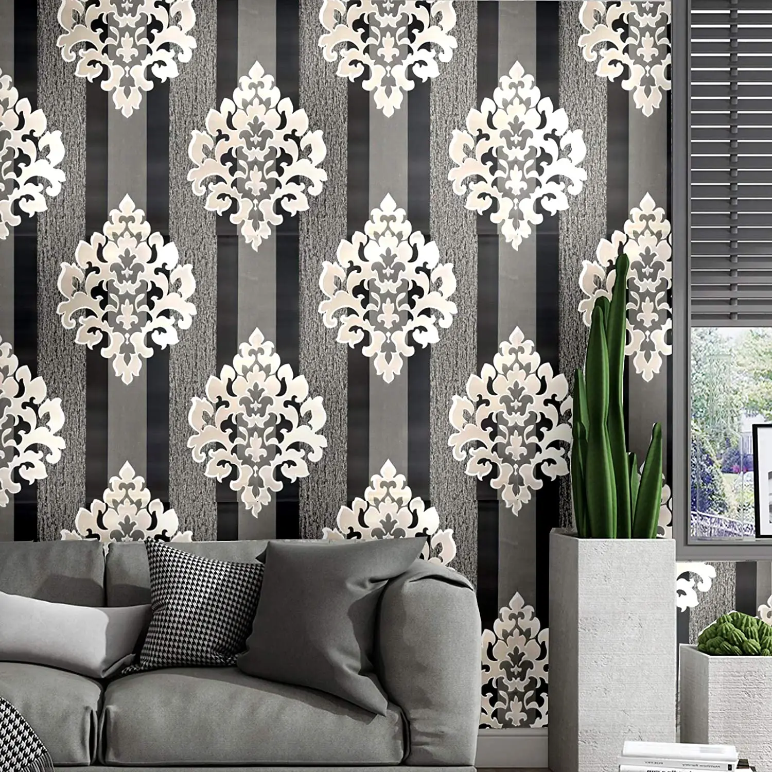 HaoHome Modern Black Siver Damasks Wallpaper Peel and Stick Wallpaper Wall Decor Vinyl Self Adhesive Contact Paper Decorative