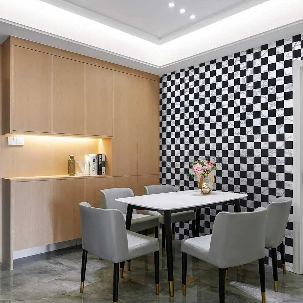 HaoHome Black and White Mosaic Peel and Stick Wallpaper Removable Self Adhesive Wallpaper Vinyl Wall Covering Waterproof Shelf