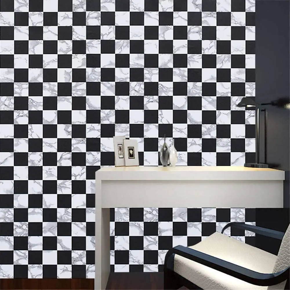 HaoHome Black and White Mosaic Peel and Stick Wallpaper Removable Self Adhesive Wallpaper Vinyl Wall Covering Waterproof Shelf