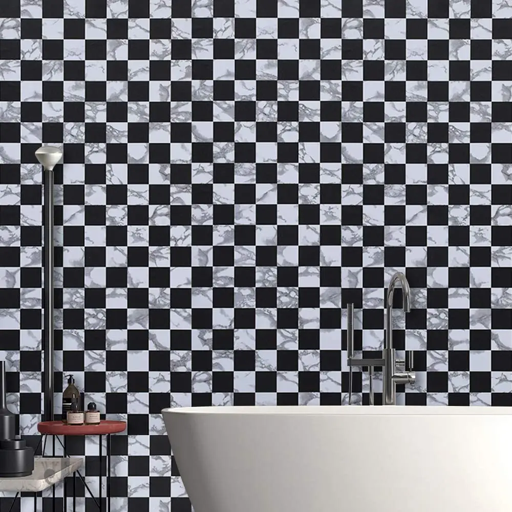 HaoHome Black and White Mosaic Peel and Stick Wallpaper Removable Self Adhesive Wallpaper Vinyl Wall Covering Waterproof Shelf