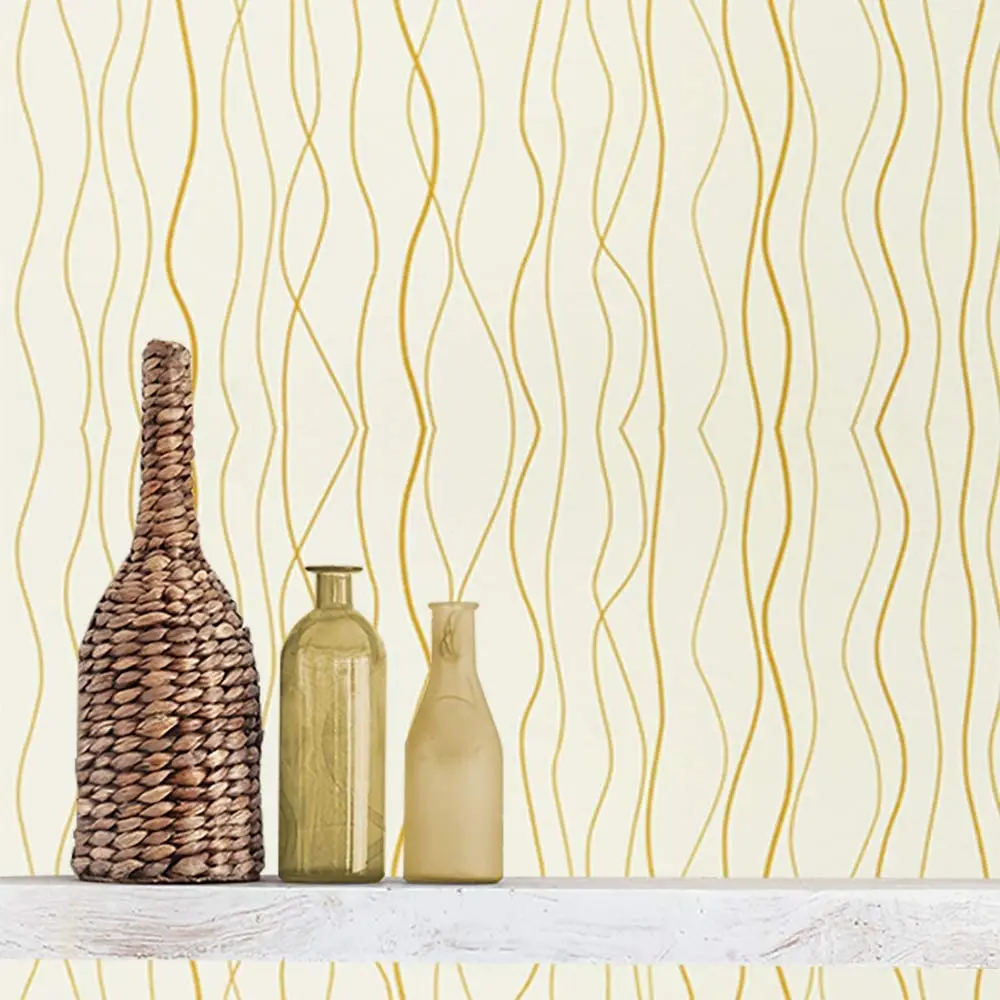 HaoHome Beige Peel and Stick Wallpaper Gold Wave Stripe Wall Covering Film Removable Self Adhesive Wallpaper Cabinets Decor