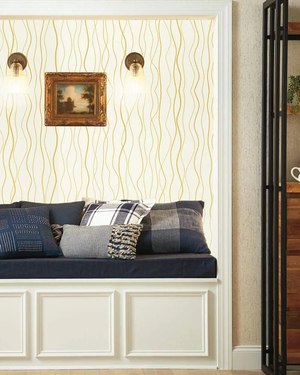 HaoHome Beige Peel and Stick Wallpaper Gold Wave Stripe Wall Covering Film Removable Self Adhesive Wallpaper Cabinets Decor