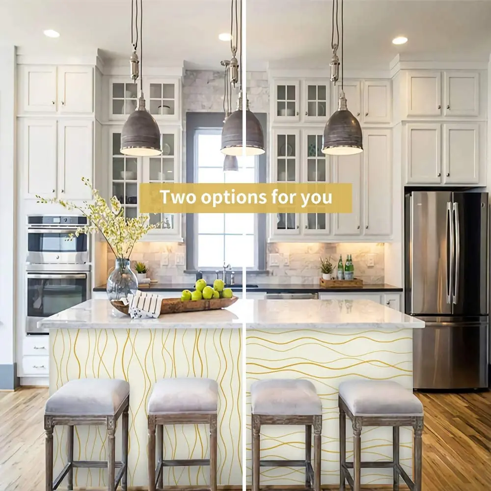 HaoHome Beige Peel and Stick Wallpaper Gold Wave Stripe Wall Covering Film Removable Self Adhesive Wallpaper Cabinets Decor