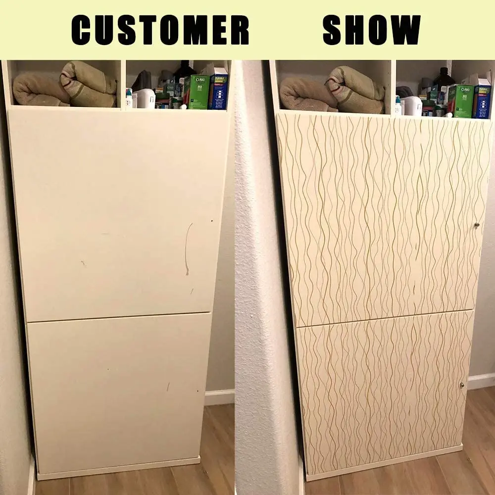 HaoHome Beige Peel and Stick Wallpaper Gold Wave Stripe Wall Covering Film Removable Self Adhesive Wallpaper Cabinets Decor