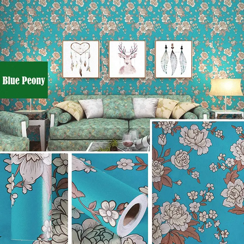 HaoHome Retro Peony Peel and Stick Wallpaper Decorative Wall Paper Floral Removable Self Adhesive Shelf Liner Roll