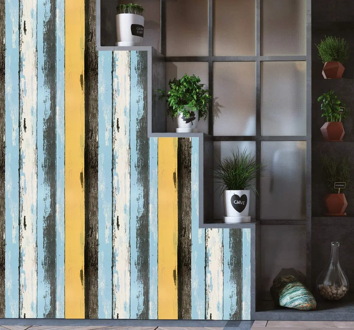 HaoHome Retro Multicolor Stripe Wallpaper Blue Peel and Stick Wallpaper Self Adhesive Wallpaper Vinyl Waterproof Removable