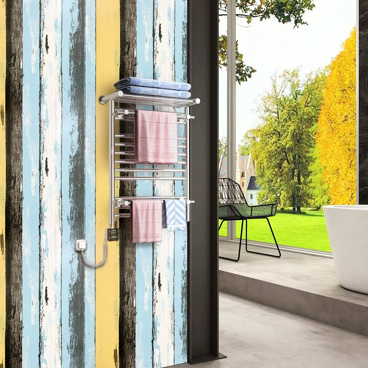 HaoHome Retro Multicolor Stripe Wallpaper Blue Peel and Stick Wallpaper Self Adhesive Wallpaper Vinyl Waterproof Removable