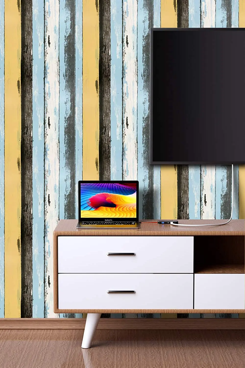 HaoHome Retro Multicolor Stripe Wallpaper Blue Peel and Stick Wallpaper Self Adhesive Wallpaper Vinyl Waterproof Removable