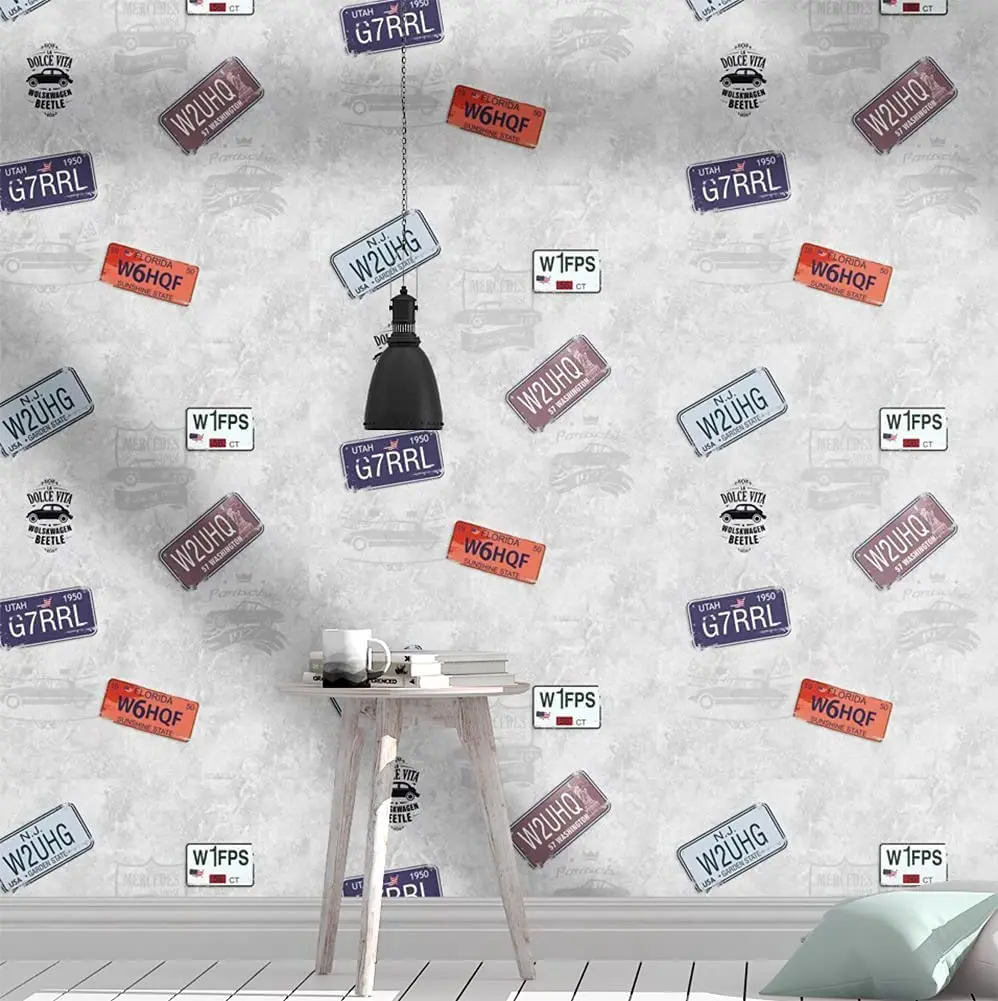 Vintage License Plates Peel and Stick Wallpaper Vinyl Waterproof Self Adhesive Contact Paper for Home Decor Furniture Renovation
