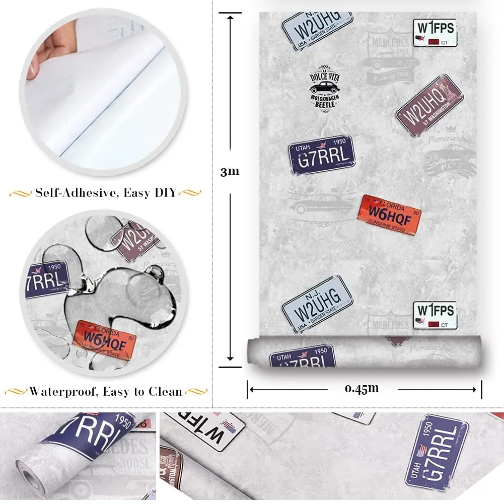 Vintage License Plates Peel and Stick Wallpaper Vinyl Waterproof Self Adhesive Contact Paper for Home Decor Furniture Renovation