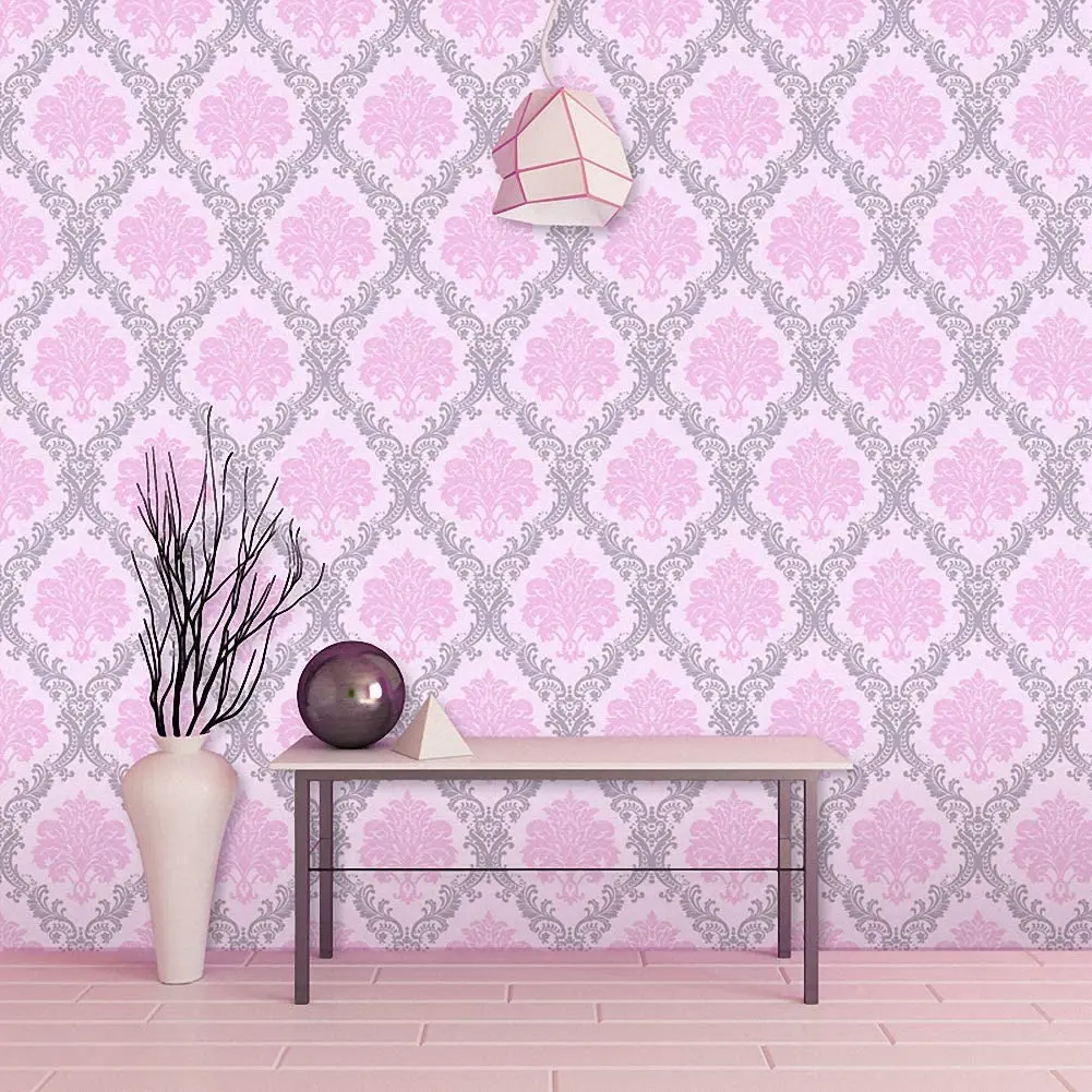 Pink Damask Self Adhesive Wallpaper Floral Peel and Stick Wallpaper Waterproof Removable Wallcoverings for Shelf Drawer Decor
