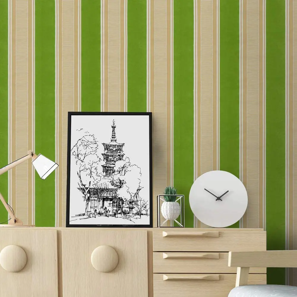Self-Adhesive Wallpaper Splicing Stripes Peel and Stick Wallpaper Yellow Green Stripe Vinyl Wallpaper Shelf Paper for Wall Decal