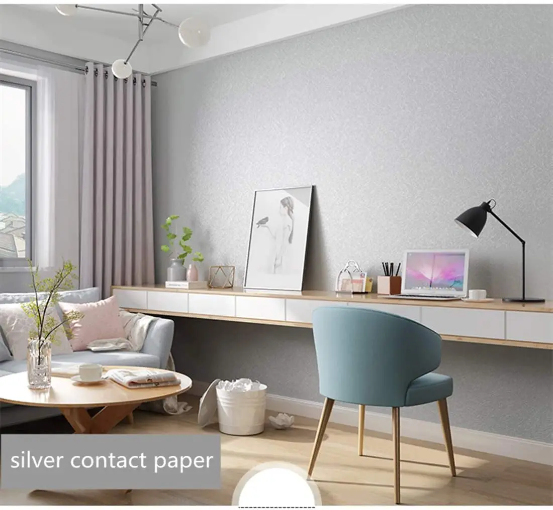 Silver Grey Wallpaper Embossed Self Adhesive Wallpaper Solid Color Peel and Stick Wallcoverings Silk Removable Wall Decor