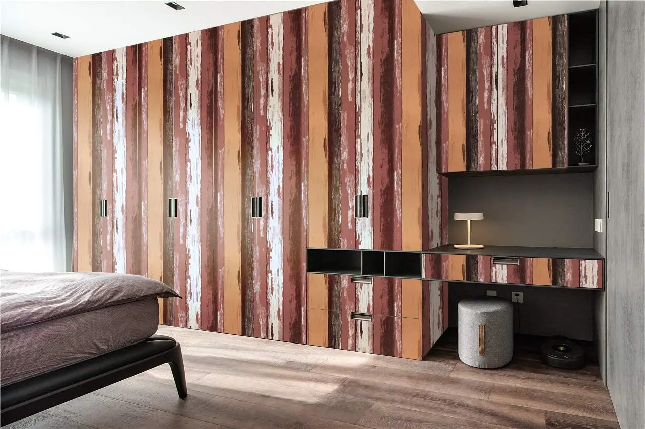 HaoHome Retro Multicolor Stripe Wallpaper Reddish Brown Peel and Stick Wallpaper Self Adhesive Wallpaper Space Decorative Vinyl