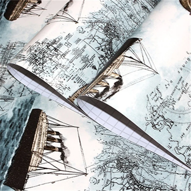 HaoHome Self-adhesive Wallpaper Mediterranean Sailing Children Waterproof Wallpaper Student Dormitory Table Cabinet Sticker