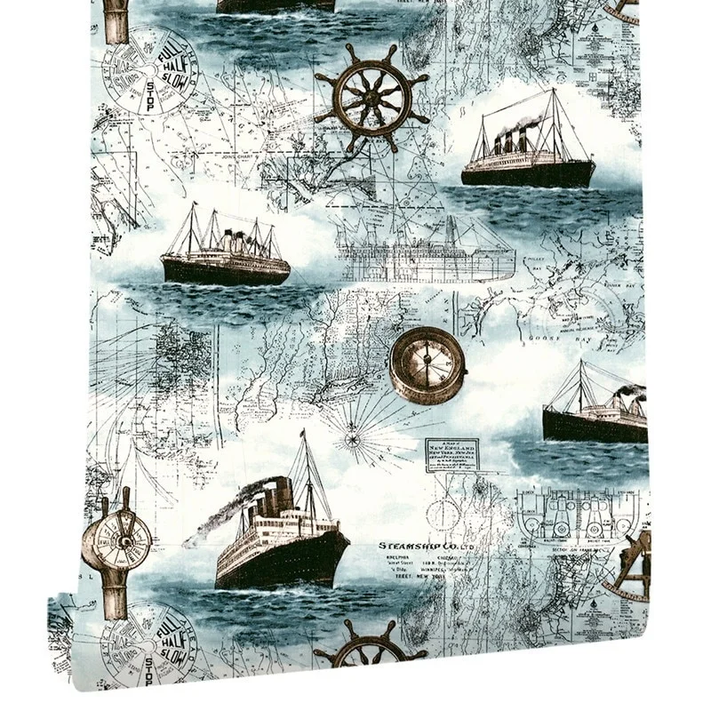 HaoHome Self-adhesive Wallpaper Mediterranean Sailing Children Waterproof Wallpaper Student Dormitory Table Cabinet Sticker