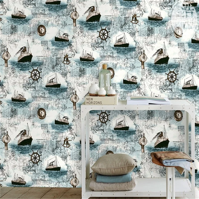 HaoHome Self-adhesive Wallpaper Mediterranean Sailing Children Waterproof Wallpaper Student Dormitory Table Cabinet Sticker