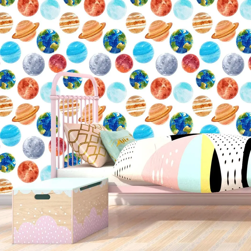 Universe Starry Sky Planet Combination Removable Self-Adhesive Wallpaper Cartoons Vinyl Peel and Stick Wallpaper for Kids Room