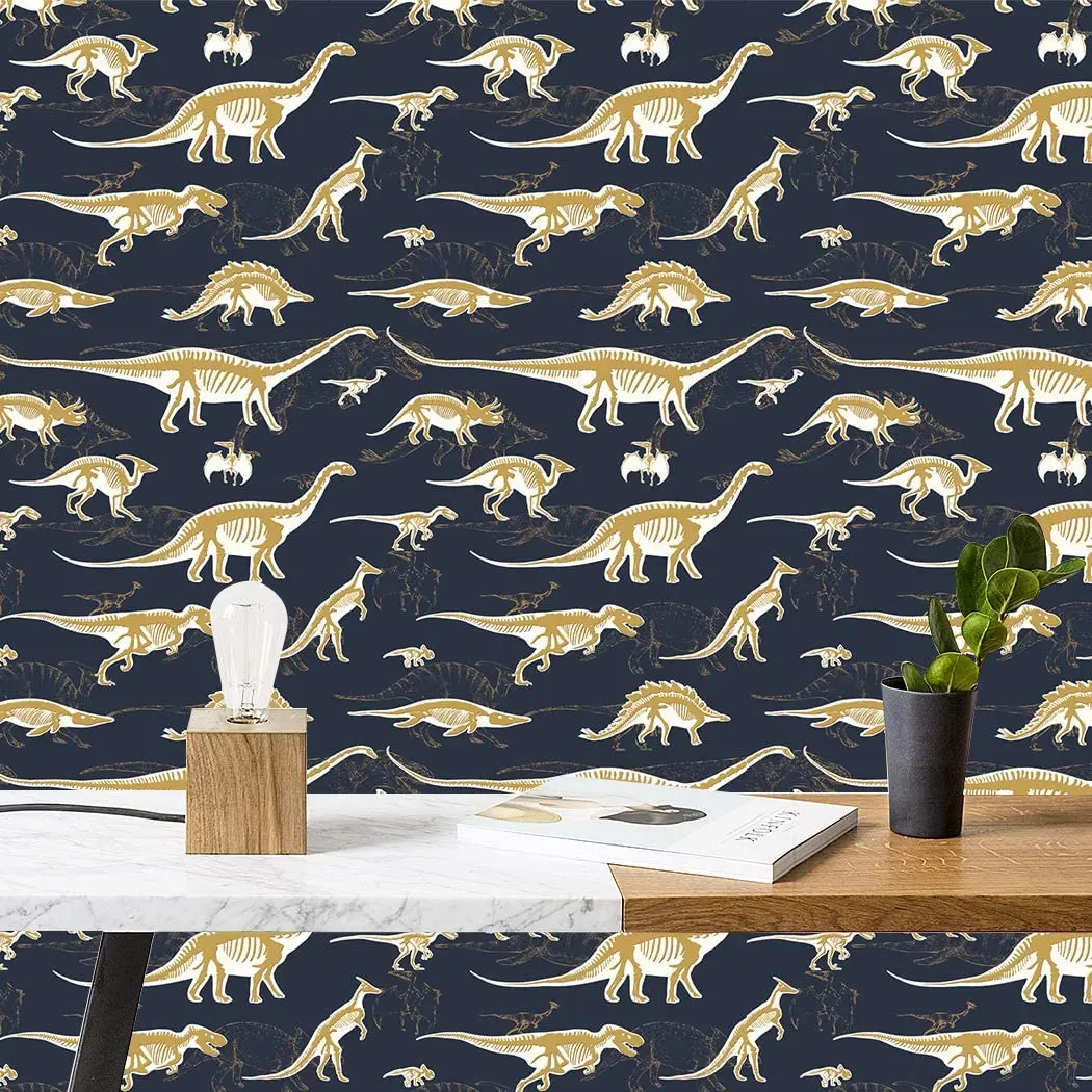 Cartoons Vinyl Peel and Stick Wallpaper Gold Dinosaur Removable Self-Adhesive Wallpaper Shelf Paper for Children Room Decal
