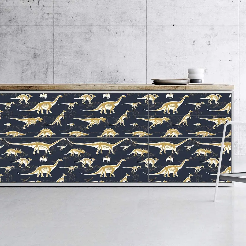 Cartoons Vinyl Peel and Stick Wallpaper Gold Dinosaur Removable Self-Adhesive Wallpaper Shelf Paper for Children Room Decal