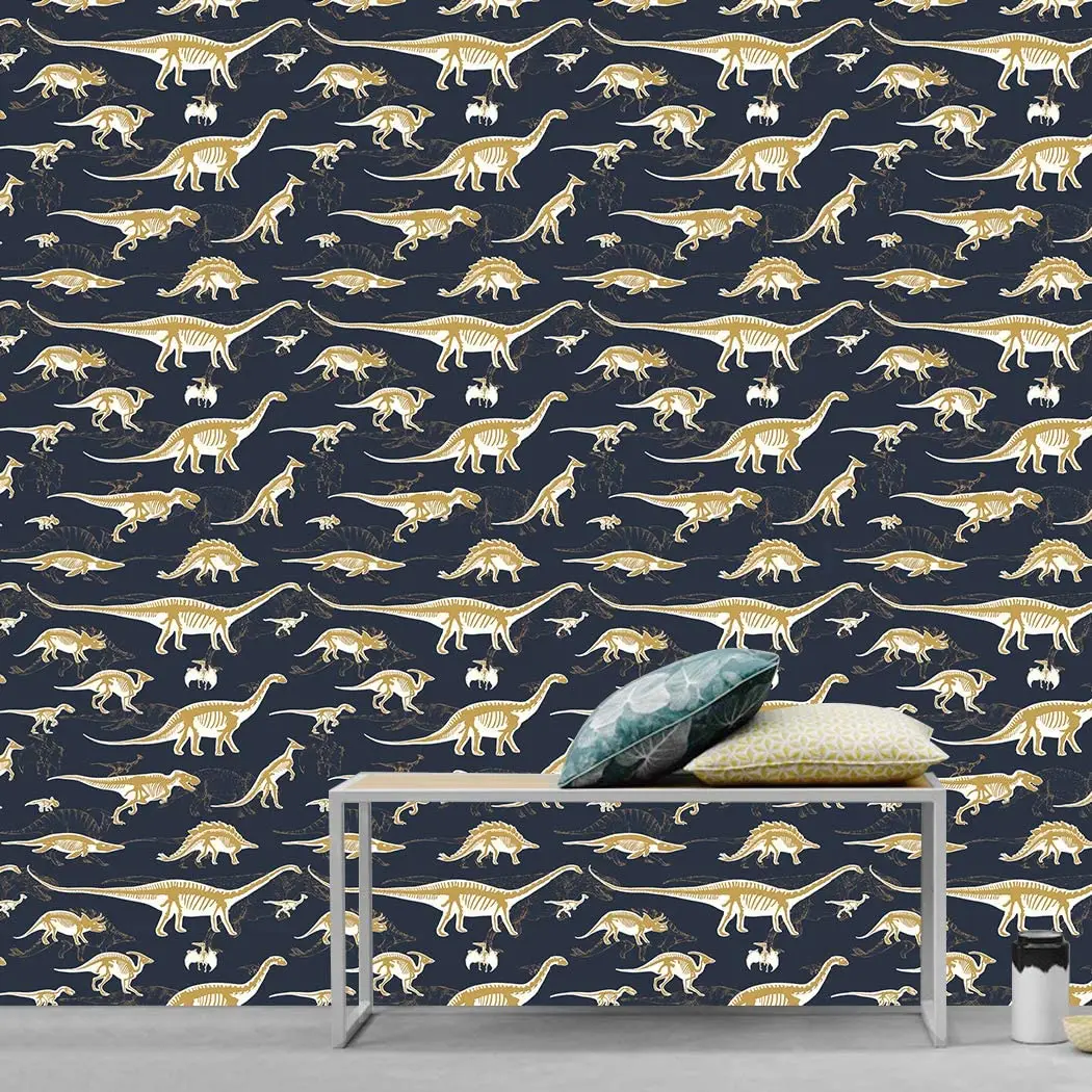 Cartoons Vinyl Peel and Stick Wallpaper Gold Dinosaur Removable Self-Adhesive Wallpaper Shelf Paper for Children Room Decal