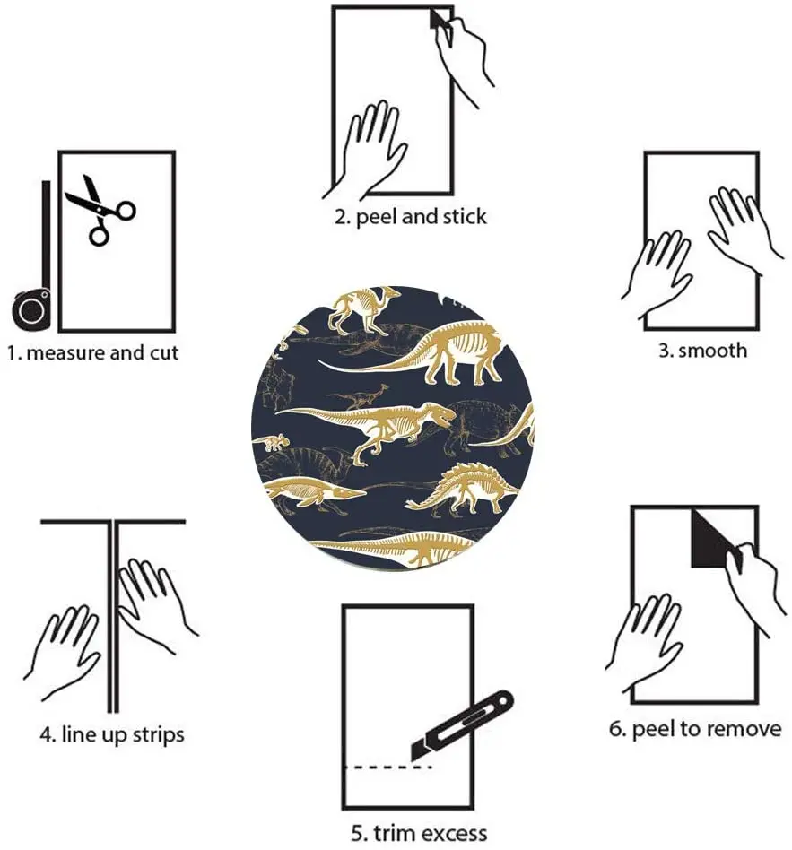 Cartoons Vinyl Peel and Stick Wallpaper Gold Dinosaur Removable Self-Adhesive Wallpaper Shelf Paper for Children Room Decal