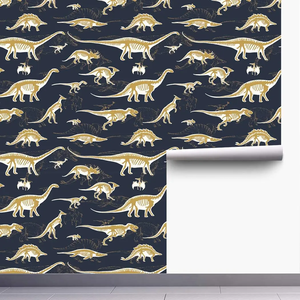 Cartoons Vinyl Peel and Stick Wallpaper Gold Dinosaur Removable Self-Adhesive Wallpaper Shelf Paper for Children Room Decal