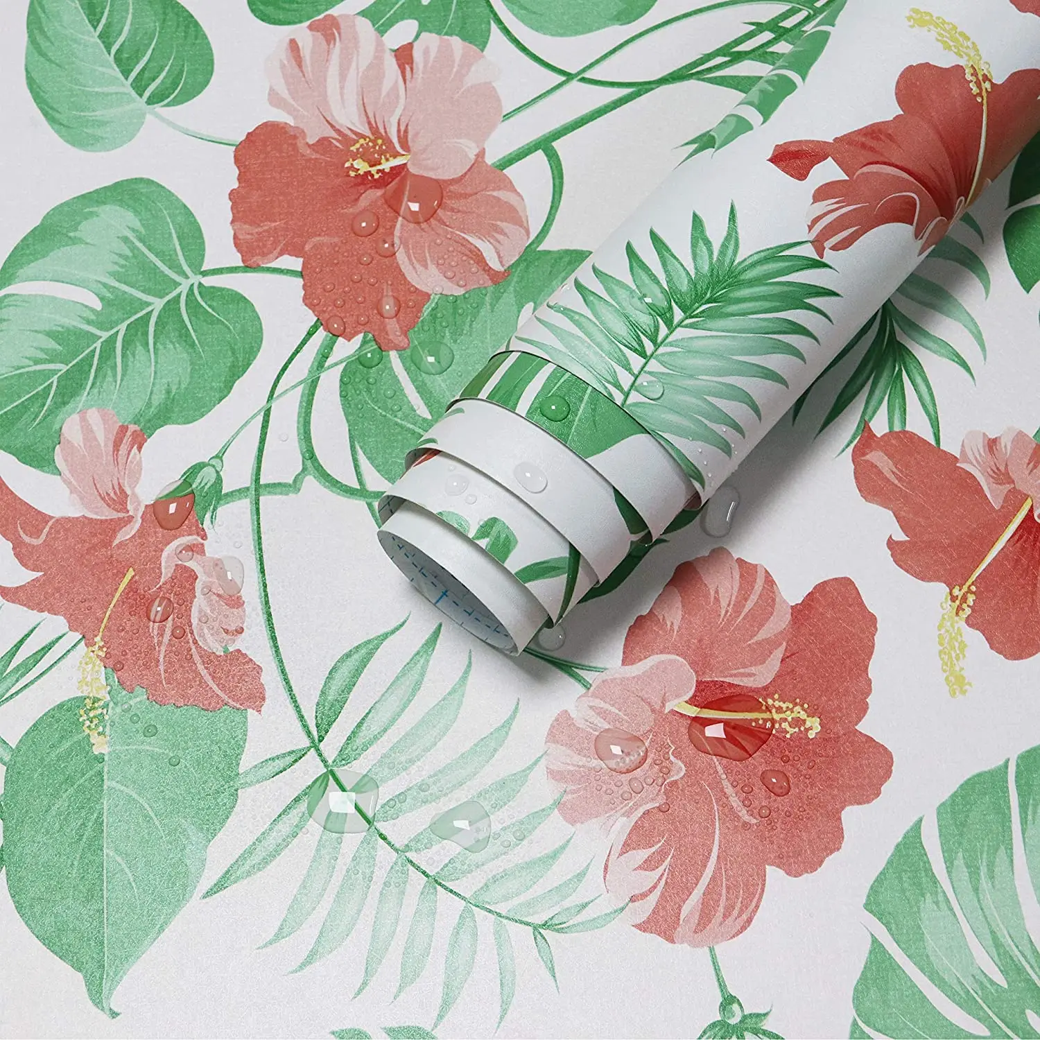 Red Floral Self Adhesive Wallpaper Tropical Flowers Peel and Stick Wallpaper Vinyl Waterproof Removable Palm Contact Paper