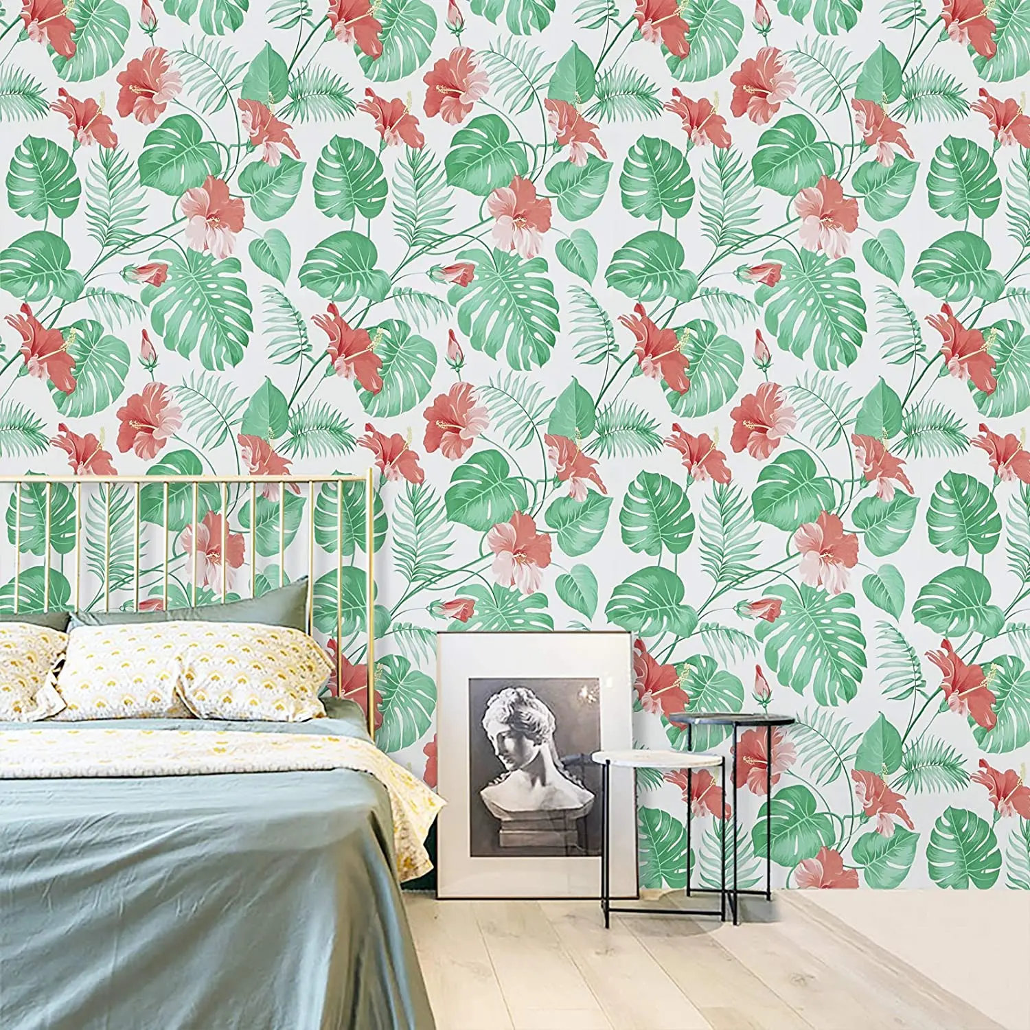 Red Floral Self Adhesive Wallpaper Tropical Flowers Peel and Stick Wallpaper Vinyl Waterproof Removable Palm Contact Paper