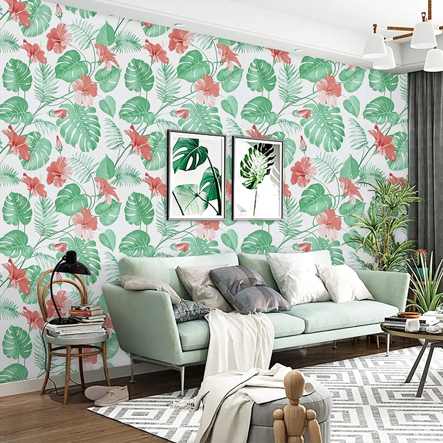 Red Floral Self Adhesive Wallpaper Tropical Flowers Peel and Stick Wallpaper Vinyl Waterproof Removable Palm Contact Paper