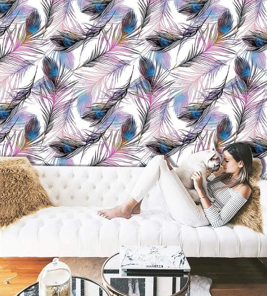 Feather Peel and Stick Wallpaper Feather Pattern Contact Paper Feather Purple Removable Self Adhesive Wallpaper Vinyl Film