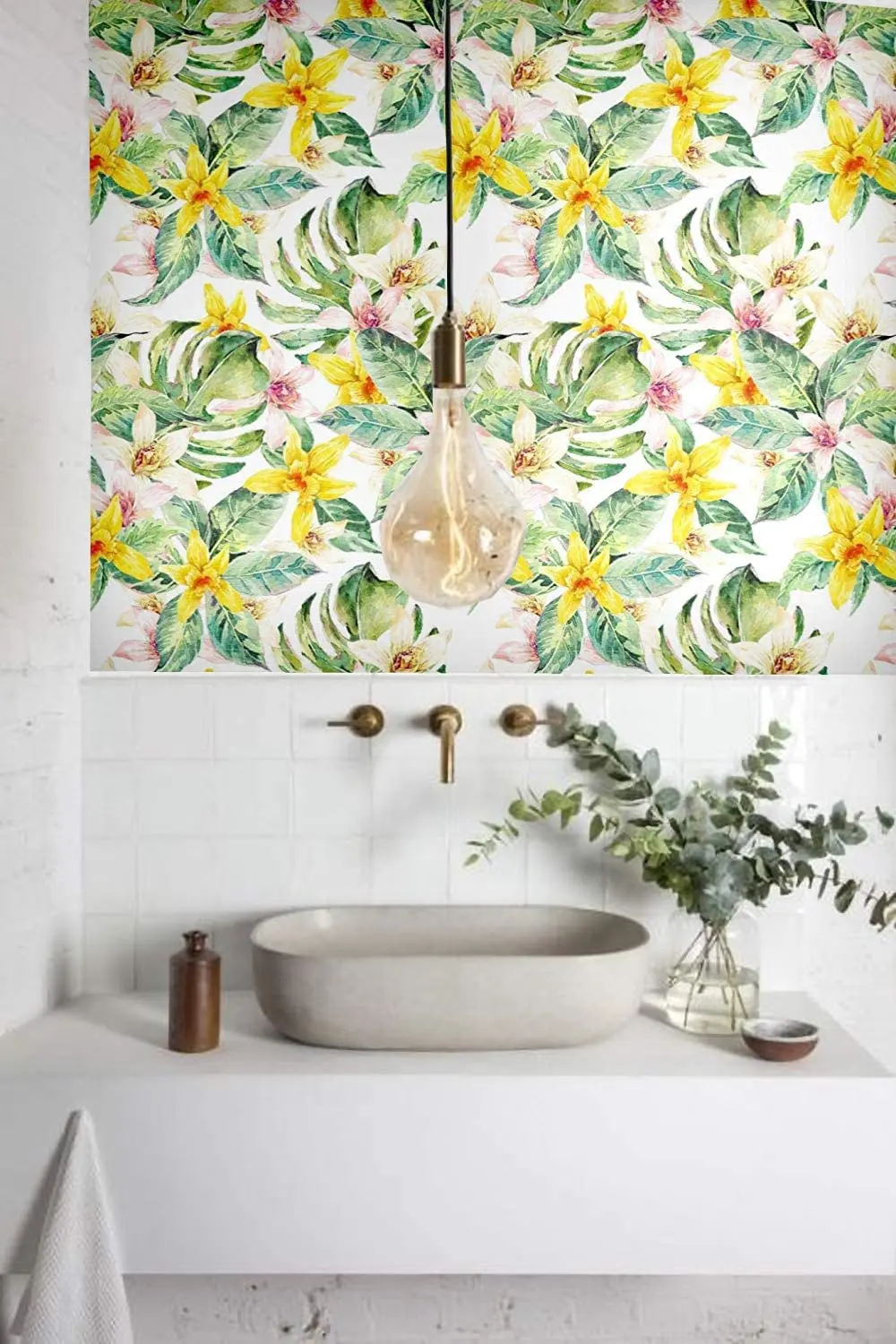 HaoHome Handpainting Washcolor Peel and Stick Wallpaper Yellow and Beige Lily Floral Self-Adhesive Prepasted Wallpaper Roll