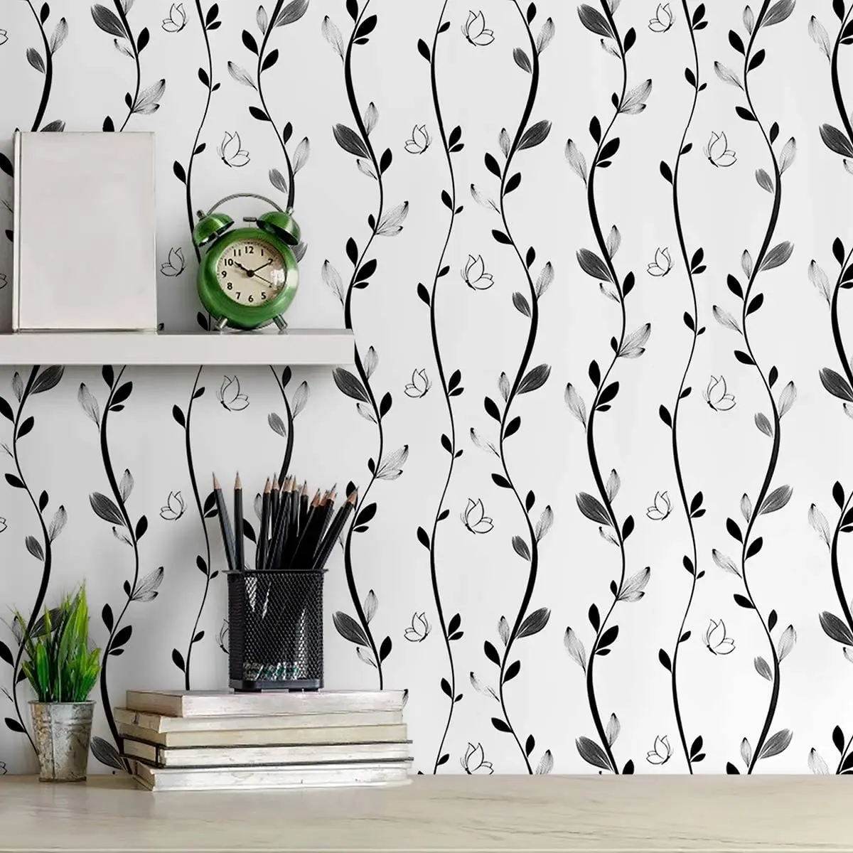 Black Floral Peel and Stick Wallpaper Black Vine Butterfly Self-Adhesive Wallpaper Removable Modern Stick and Peel Contact Paper