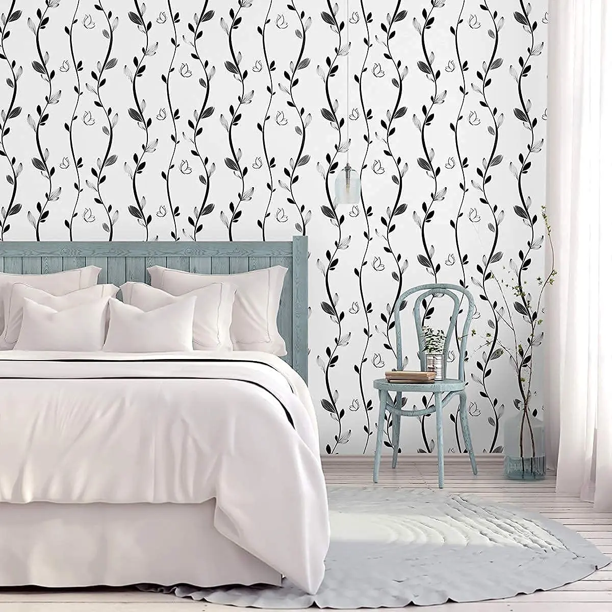 Black Floral Peel and Stick Wallpaper Black Vine Butterfly Self-Adhesive Wallpaper Removable Modern Stick and Peel Contact Paper