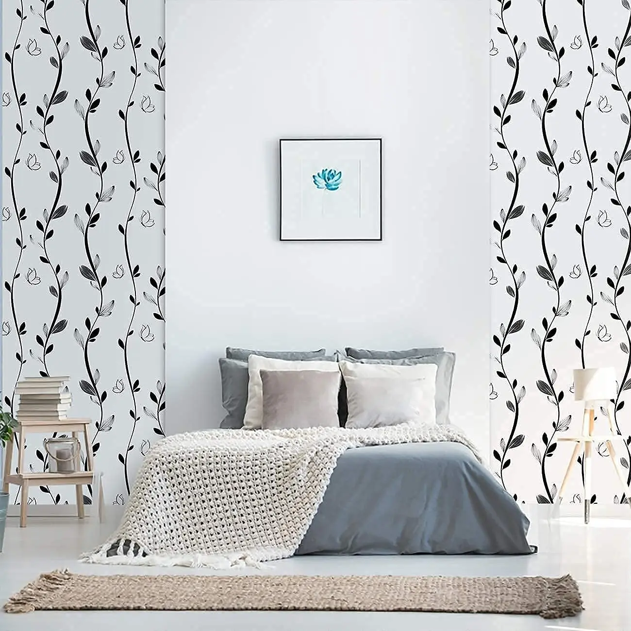 Black Floral Peel and Stick Wallpaper Black Vine Butterfly Self-Adhesive Wallpaper Removable Modern Stick and Peel Contact Paper