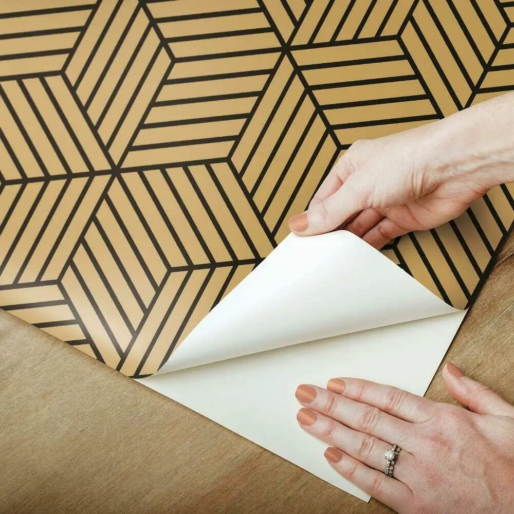 HaoHome Black & Brown Striped Hexagon Peel and Stick Wallpaper Black Stripes Self Adhesive Wallpaper for Bedroom Wall Decor