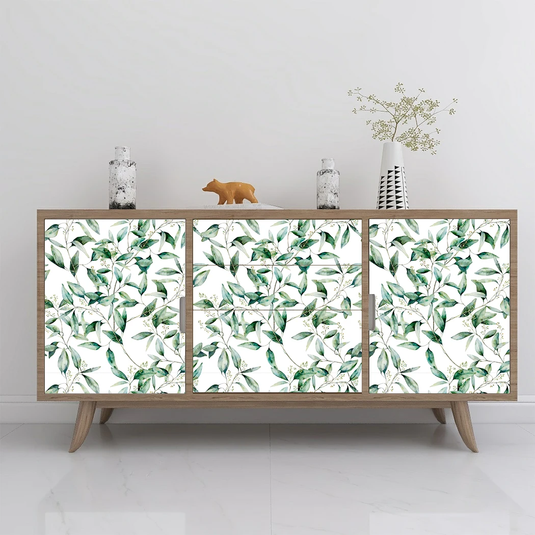 Green Leaf Self Adhesive Wallpaper Sticky Back Vinyl Peel and Stick Furniture Sticker Waterproof for Bedroom Kitchen Counter DIY