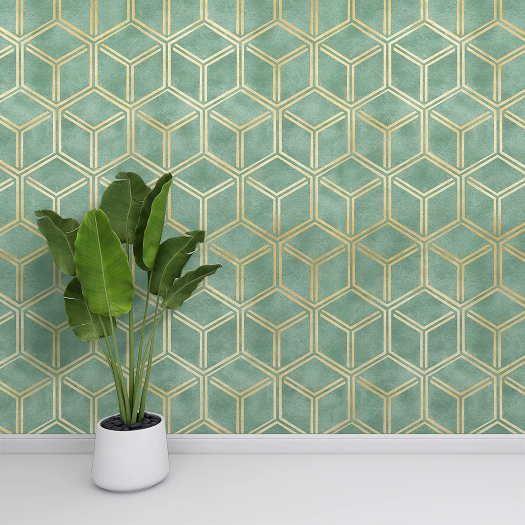 Golden Hexagon Self Adhesive Wallpaper Gold Striped Peel and Stick Wallpaper Green Removable Contact Paper for Wall Decor